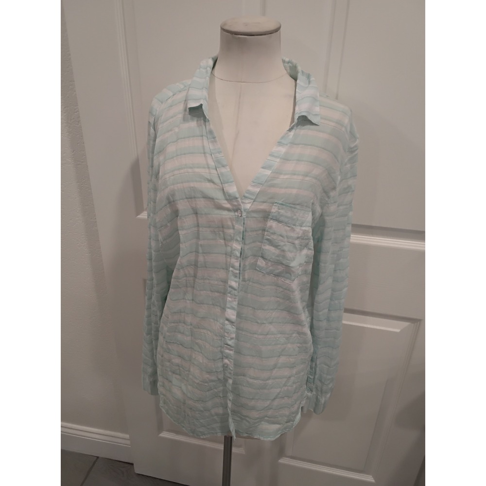 Columbia Womens XL Mint Green White Striped Button Down Cotton Shirt Roll Tab